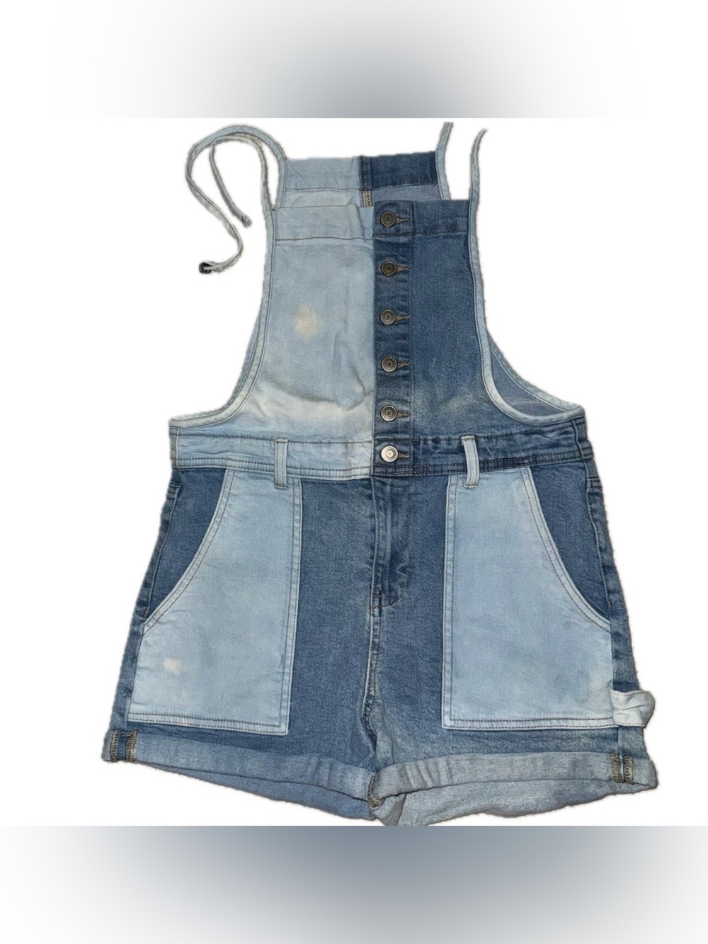 Celebrity Pink Faded Denim Rolled Cuff Short Romper Overalls, Juniors Sz M (7/9)